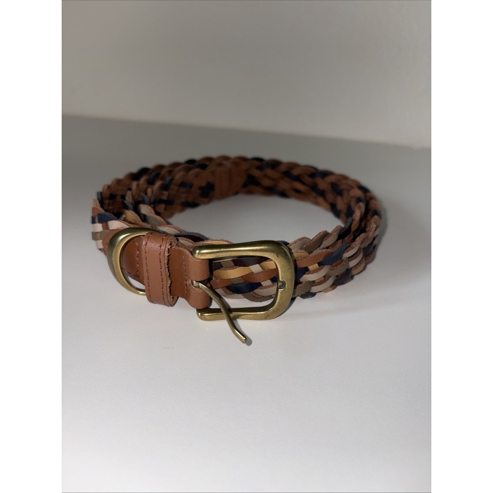 Leather Multicolor Braided Gold Toned Hardware Women's Belt Boho Brown XL - Picture 1 of 8
